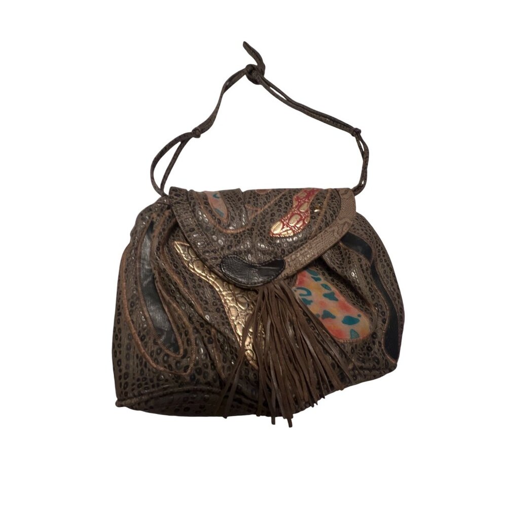 Vintage Nas Bag Exotic Leather & Textile Shoulder Bag With Fringe & Colorful Des